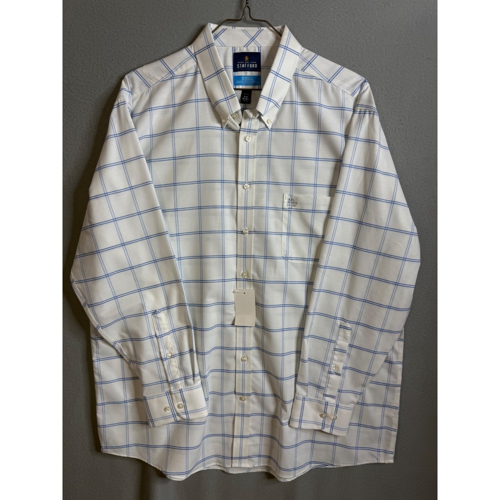 Stafford Dress Shirt‎ Men's XXL Slim Fit White Blue Plaid Long Sleeve NWT